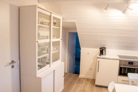 Apartment 3 in the attic with garden access | Private kitchen | Full-size fridge, microwave, oven, stovetop