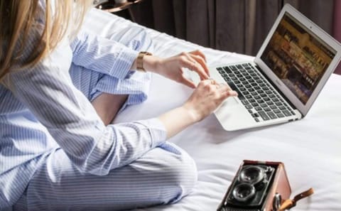 Egyptian cotton sheets, premium bedding, desk, laptop workspace