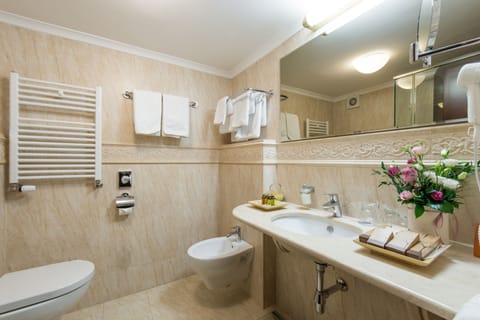 Jetted tub, designer toiletries, hair dryer, bathrobes