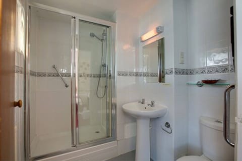 Combined shower/tub, hair dryer, towels