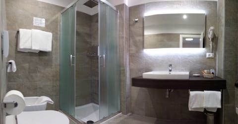 Shower, hair dryer, bidet, towels