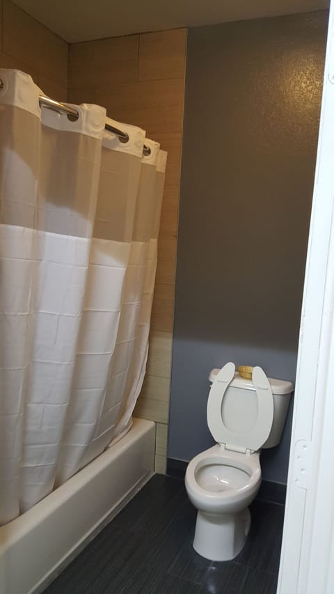 Combined shower/tub, deep soaking tub, free toiletries, towels