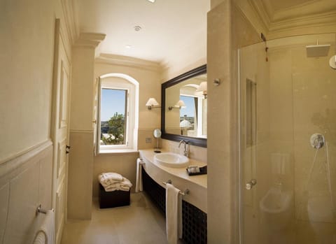 Suite | Bathroom | Combined shower/tub, designer toiletries, hair dryer, bathrobes