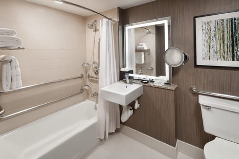 Room, 1 King Bed (Mobility Accessible, Tub) | Bathroom | Combined shower/tub, free toiletries, hair dryer, towels