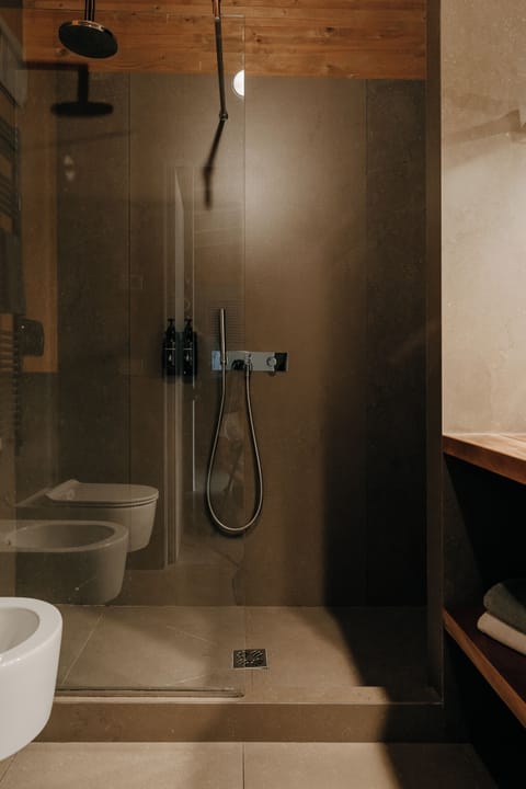 Shower, rainfall showerhead, bathrobes, slippers