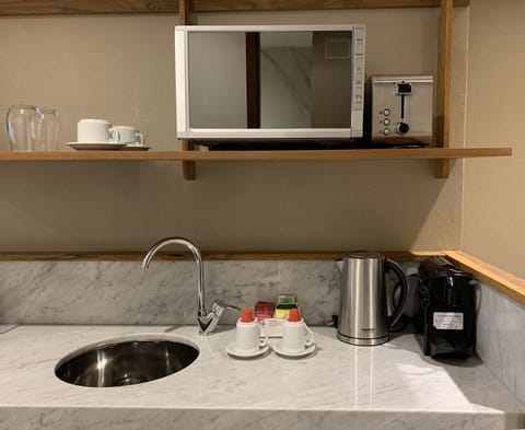 Microwave, espresso maker, electric kettle, toaster