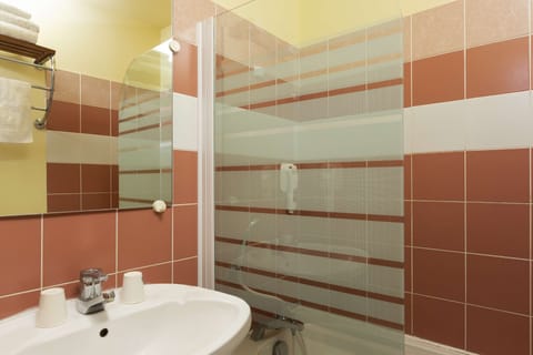 Combined shower/tub, eco-friendly toiletries, hair dryer, towels