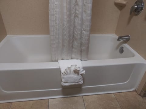 Combined shower/tub, free toiletries, hair dryer, towels