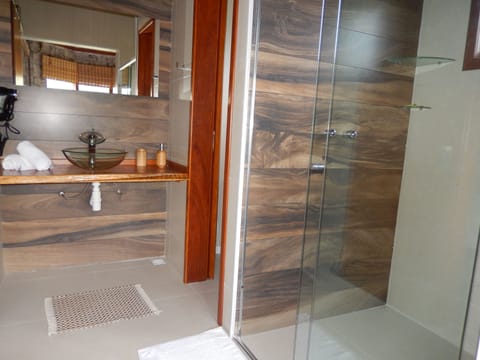 Honeymoon Chalet, Hot Tub | Bathroom | Hair dryer, towels