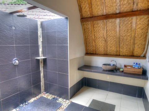 Deluxe Family Room | Bathroom | Shower, rainfall showerhead, free toiletries, towels