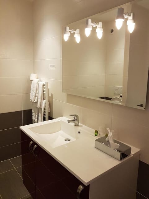 Combined shower/tub, free toiletries, hair dryer, towels