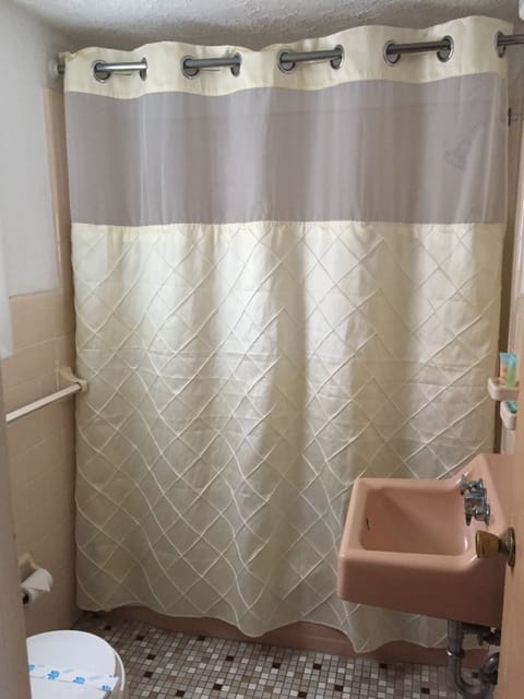 Combined shower/tub, free toiletries, towels, soap