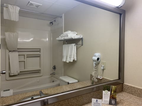 Combined shower/tub, free toiletries, hair dryer, towels