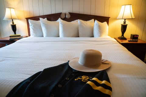 Premium bedding, desk, laptop workspace, iron/ironing board