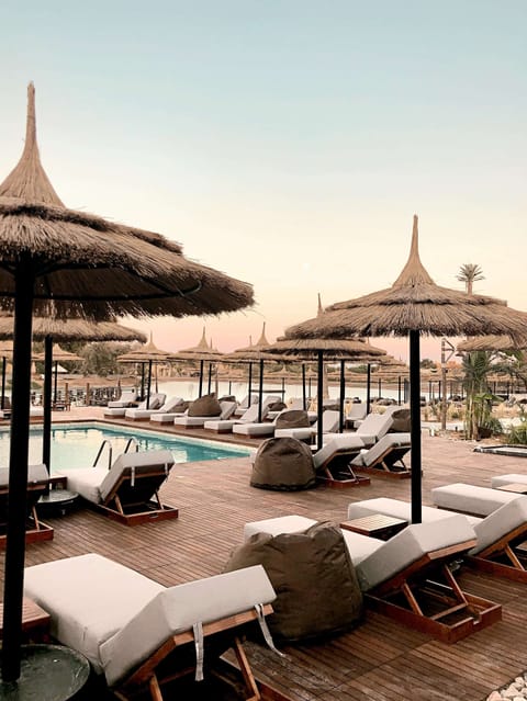 Outdoor pool, pool umbrellas, sun loungers