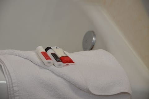 Deep soaking tub, eco-friendly toiletries, hair dryer, towels