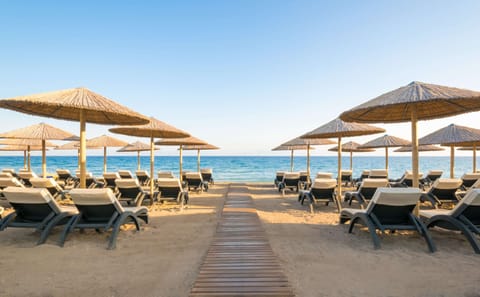 On the beach, sun loungers, beach umbrellas, beach towels