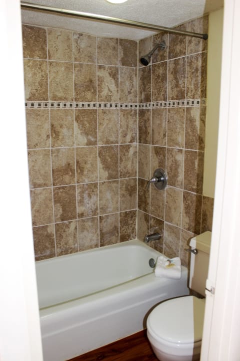 Combined shower/tub, free toiletries, towels