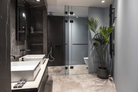 Penthouse | Bathroom | Shower, rainfall showerhead, eco-friendly toiletries, hair dryer