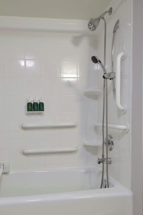 Combined shower/tub, free toiletries, hair dryer, towels