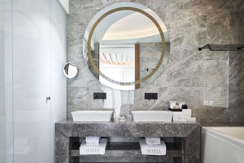 Suite, Private Pool, Sea View | Bathroom | Designer toiletries, hair dryer, bathrobes, slippers