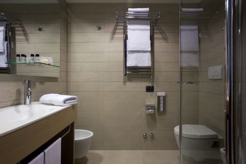 Shower, free toiletries, hair dryer, bathrobes