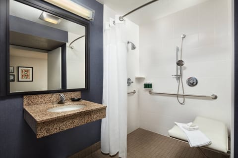 Combined shower/tub, free toiletries, hair dryer, towels