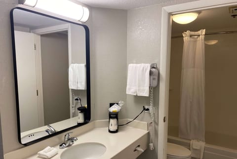 Combined shower/tub, free toiletries, hair dryer, towels