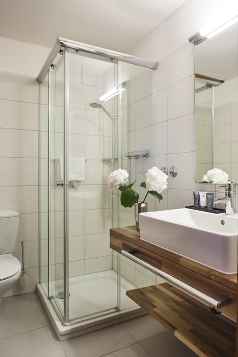 Shower, eco-friendly toiletries, hair dryer, towels