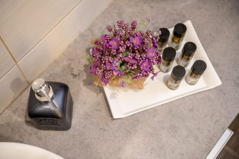 Shower, rainfall showerhead, free toiletries, hair dryer