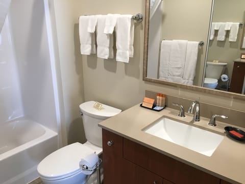 Combined shower/tub, free toiletries, towels