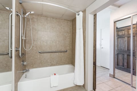 Combined shower/tub, hair dryer, towels