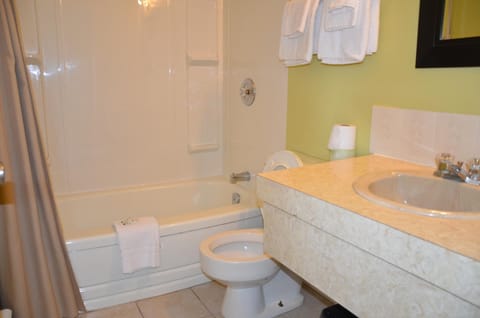 Combined shower/tub, deep soaking tub, free toiletries, towels