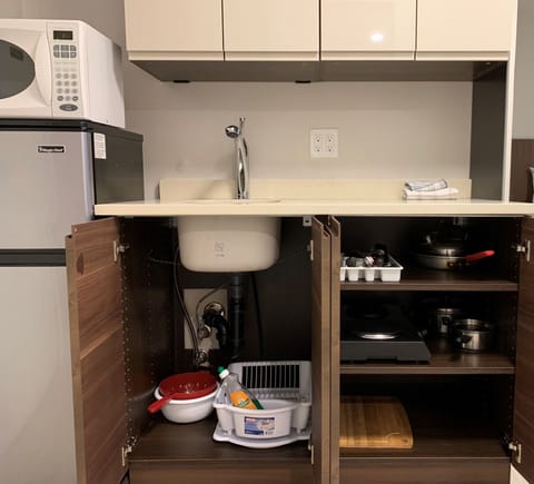 Full-size fridge, microwave, stovetop, coffee/tea maker