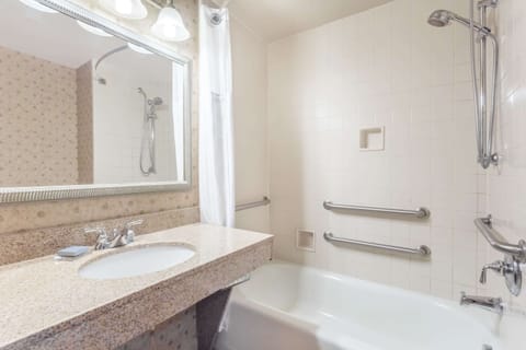 Combined shower/tub, free toiletries, hair dryer, towels