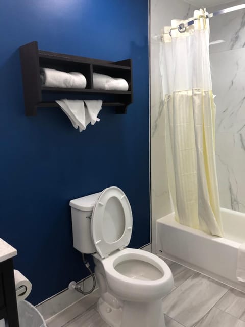 Combined shower/tub, deep soaking tub, free toiletries, hair dryer