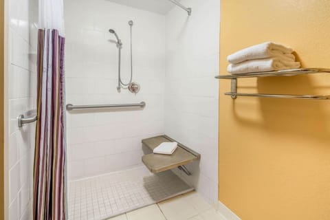 Combined shower/tub, free toiletries, hair dryer, towels