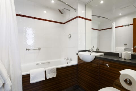 Combined shower/tub, free toiletries, hair dryer, towels