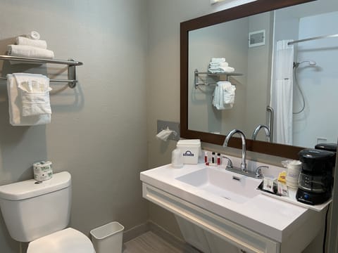 Combined shower/tub, deep soaking tub, hair dryer, towels