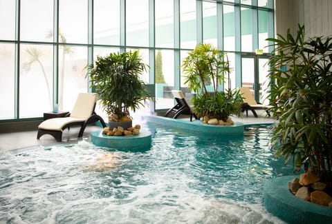 Indoor pool, outdoor pool, sun loungers