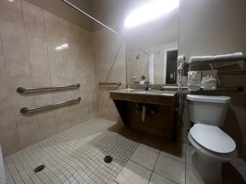 Combined shower/tub, hair dryer, towels