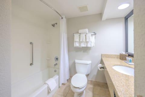 Combined shower/tub, free toiletries, hair dryer, towels