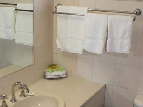 Combined shower/tub, free toiletries, hair dryer, towels