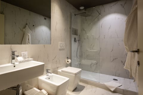 Shower, hair dryer, bidet, towels