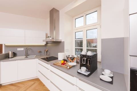 Deluxe Apartment, 1 Queen Bed (Dlx 1) | Private kitchen | Fridge, stovetop, coffee/tea maker, electric kettle