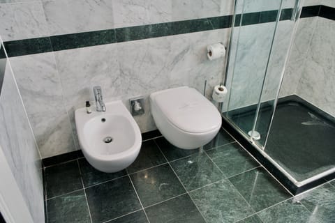 Shower, rainfall showerhead, hair dryer, bathrobes