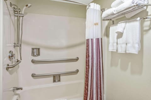 Combined shower/tub, free toiletries, hair dryer, towels