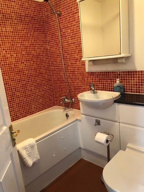 Combined shower/tub, deep soaking tub, free toiletries, towels