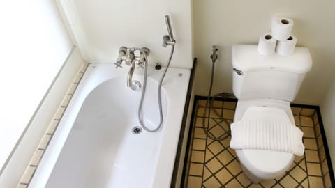 Separate tub and shower, deep soaking tub, free toiletries, hair dryer