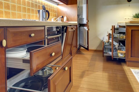 Panoramic Apartment | Private kitchen | Fridge, microwave, oven, stovetop